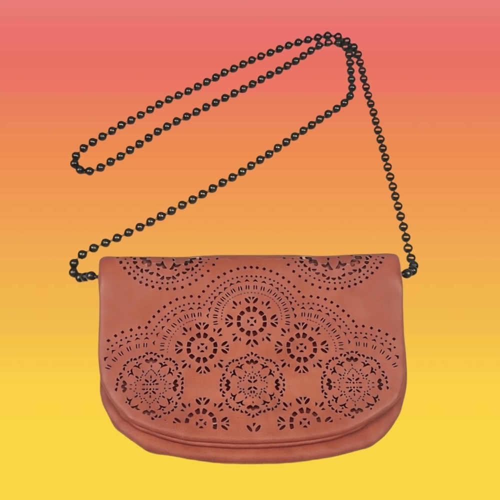 Retro Orange Peforated Pleather Purse w/ Bronze Beaded Metal Chain